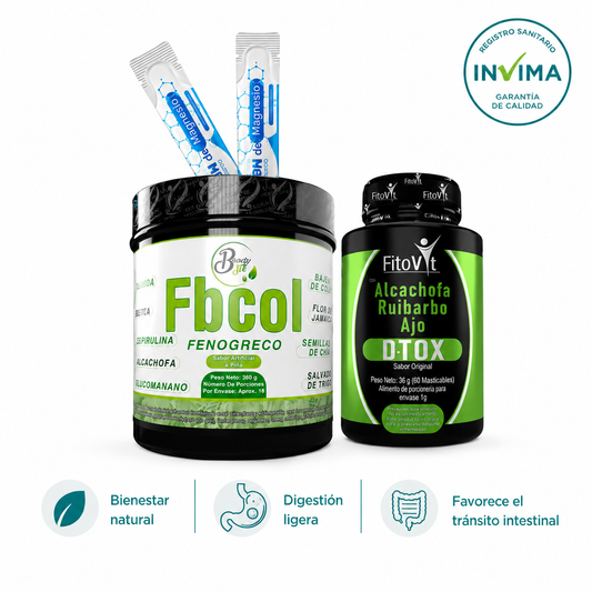 Combo Detox &amp; Control – FBCOL + DTOX FitoVit ✨ Una combinación poderosa para apoyar la digestión, la depuración del organismo y el bienestar general. ? FBCOL con Fenogreco (Polvo en tarro) Alimento natural formulado con fibras, cereales y extractos vegetales como fenogreco, espirulina, alcachofa, linaza, chía y glucomanano. Favorece la digestión y la salud intestinal. Ayuda al control de peso de manera natural. Aporta energía y nutrientes esenciales. Contribuye a la depuración del organismo. ? DTOX